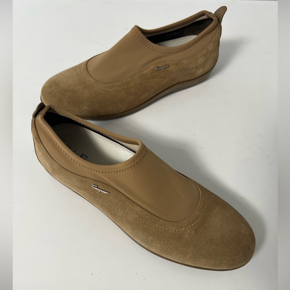 Salvatore Ferragamo Tan Suede Slip-On Ankle Booties with Leather Panel